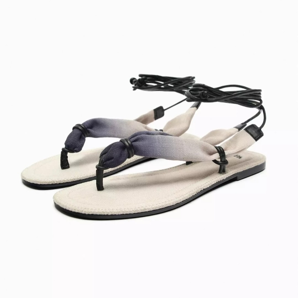 ZARA Lace Up Thong Flat Sandals in Beige Women's Size 9
